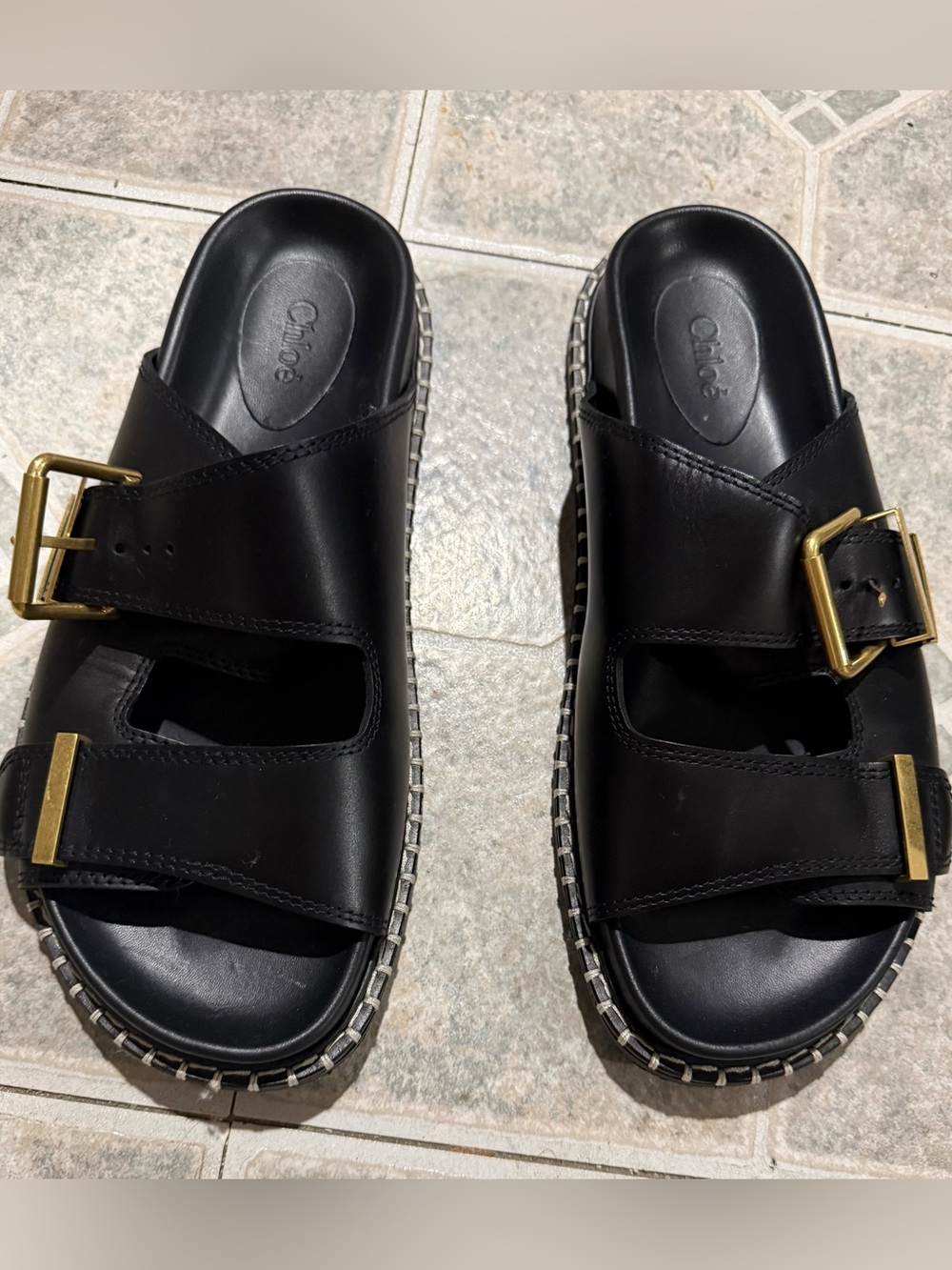 Chloe Black Leather Slide Sandals with Gold Buckles